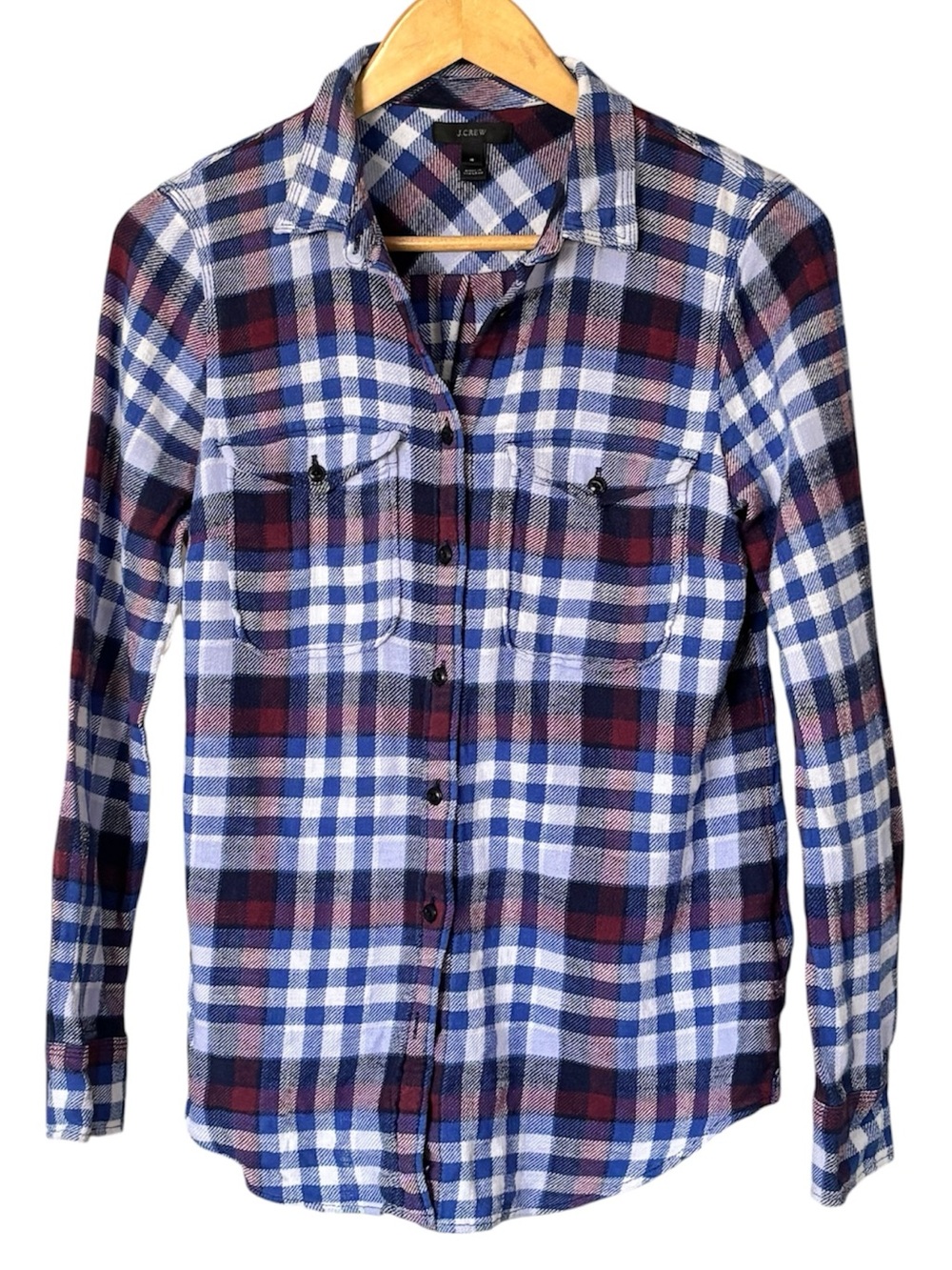 J. Crew Blue & Burgundy Cotton Plaid Flannel Button Down Shirt - Size 4
